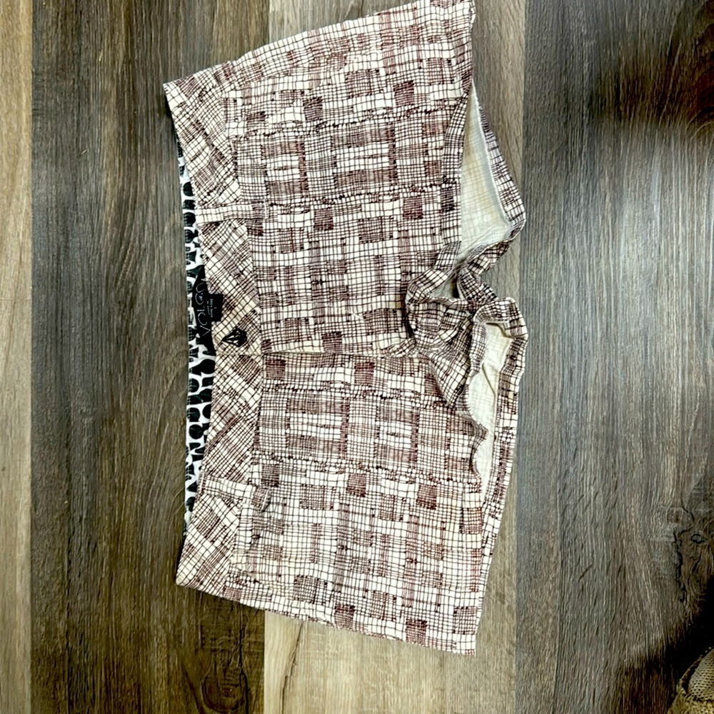 VOLCOM used like new jean shorts, size 1, white and brown, two back pockets.